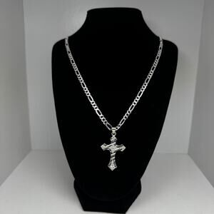 Sterling Silver 925 Italy Figaro Chain Necklace Cross Pendant CZ 22 Inch 16.5g